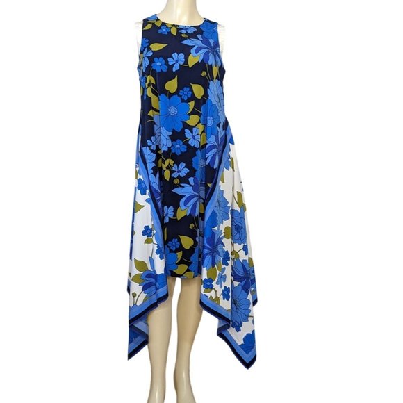 Maggy London Dresses & Skirts - Maggy London sleeveless blue floral scarf‎ asymmetrical hem summer dress Size 2